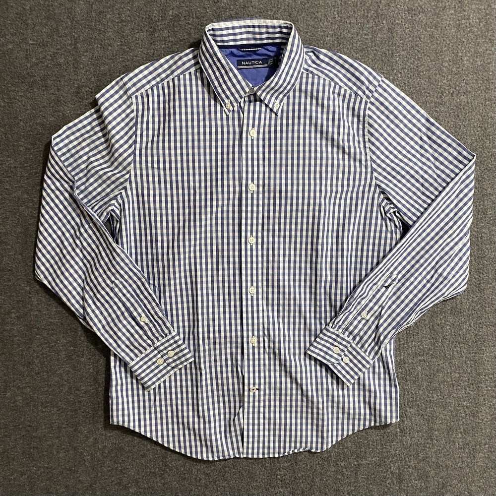 Men's Nautica Long Sleeve Button Down Dress Shirt Blue Plaid Size M